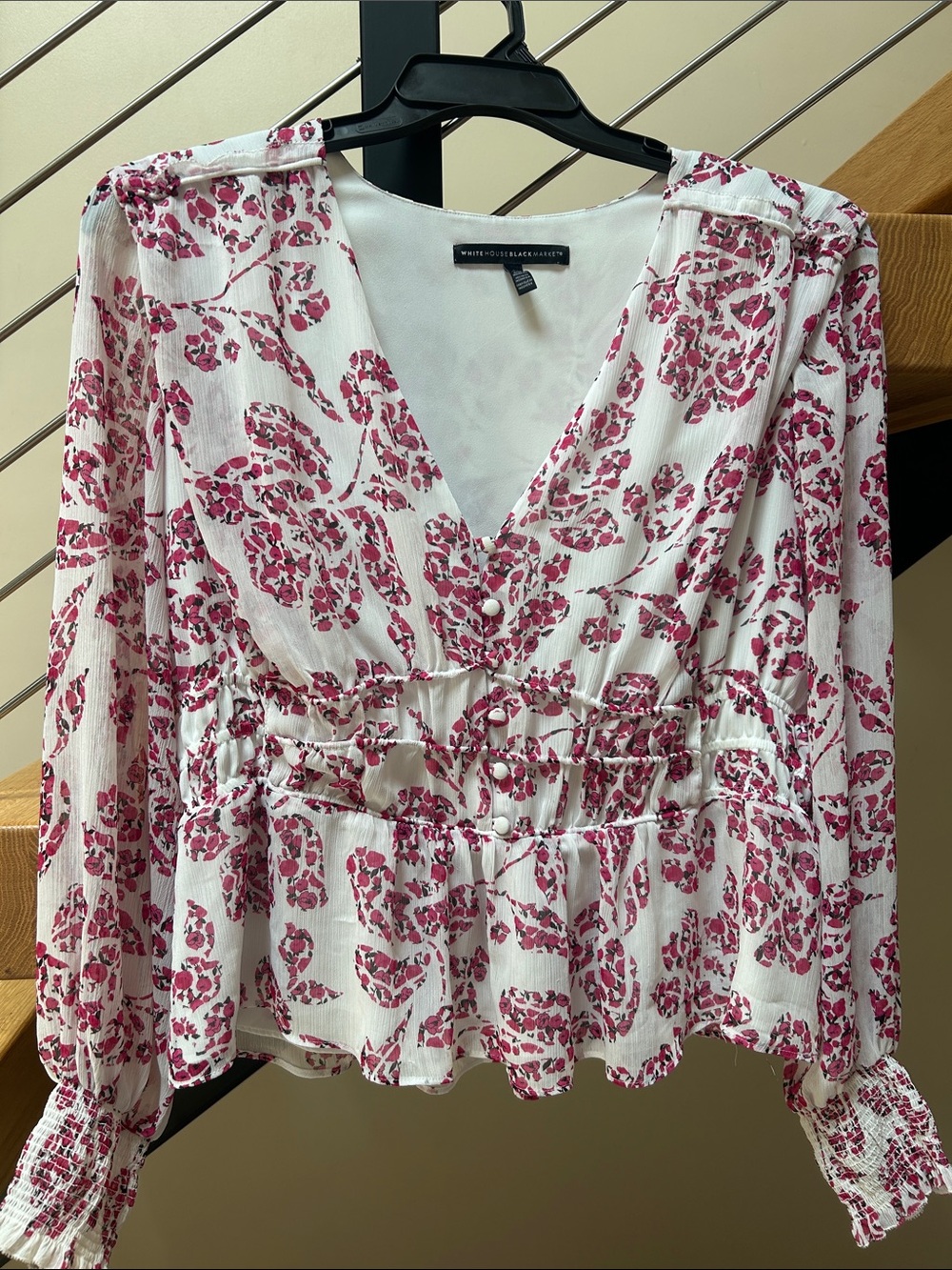 White House Black Market White Blouse with Rose Pink Floral Print B010